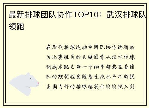 最新排球团队协作TOP10：武汉排球队领跑
