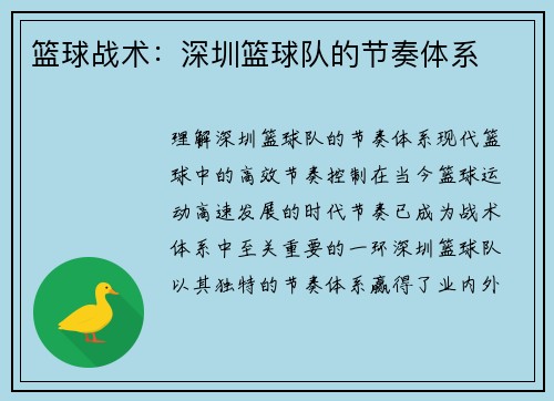 篮球战术：深圳篮球队的节奏体系
